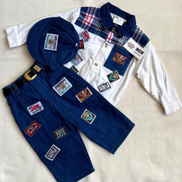 Vintage 90s MGM Kid's Fashion 3-Piece Pants Set Boys 12M Plaid Patchworks Denim - Picture 2 of 13